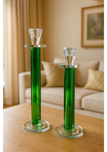 Dekoratif 2'li Kristal Papatya Boru Cam - Şamdan Yeşil