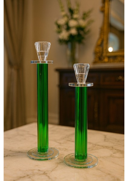 Dekoratif 2'li Kristal Papatya Boru Cam - Şamdan Yeşil fiyatları
