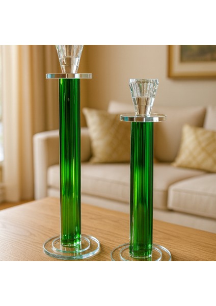 Dekoratif 2'li Kristal Papatya Boru Cam - Şamdan Yeşil modelleri