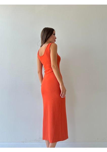 Fitilli Yırtmaçlı Düz Elbise Turuncu indirimleri