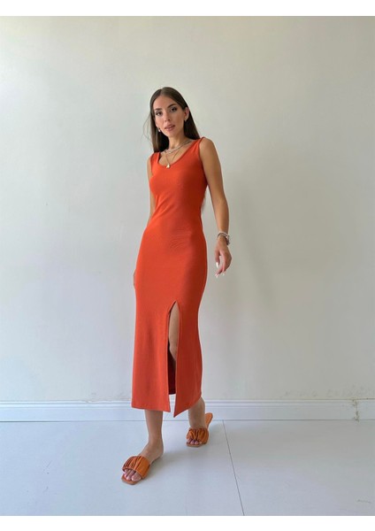 Fitilli Yırtmaçlı Düz Elbise Turuncu