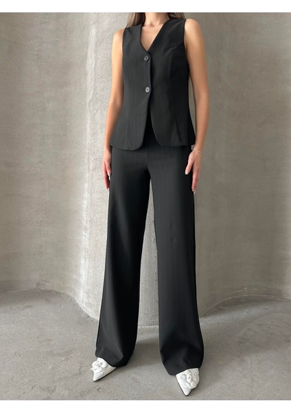 Çizgili Yelek Pantolon Takım Siyah