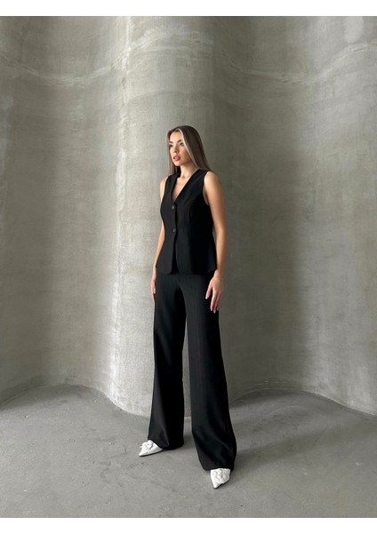 Çizgili Yelek Pantolon Takım Siyah