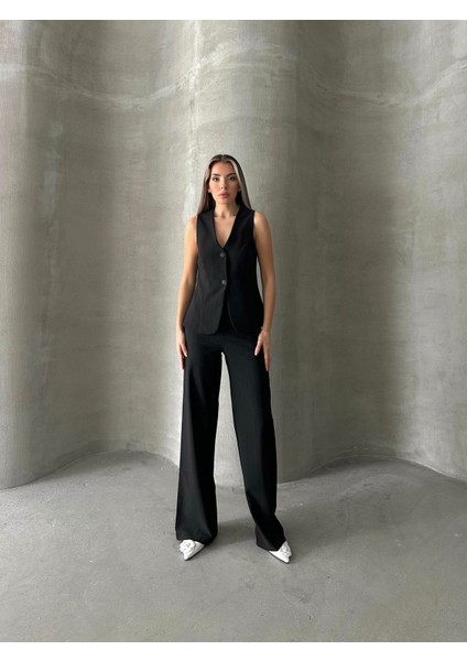 Çizgili Yelek Pantolon Takım Siyah