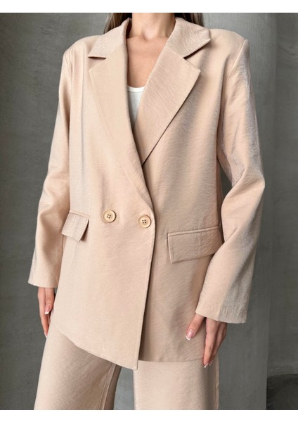 Parlak Keten Kruvaze Ikili Takım Bej