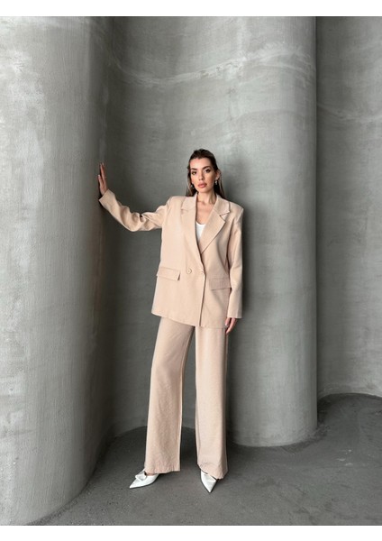 Parlak Keten Kruvaze Ikili Takım Bej fiyatları