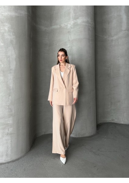 Parlak Keten Kruvaze Ikili Takım Bej modelleri