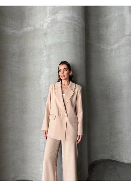 Parlak Keten Kruvaze Ikili Takım Bej fırsatları