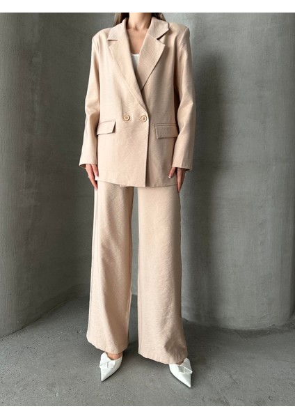 Parlak Keten Kruvaze Ikili Takım Bej indirimleri