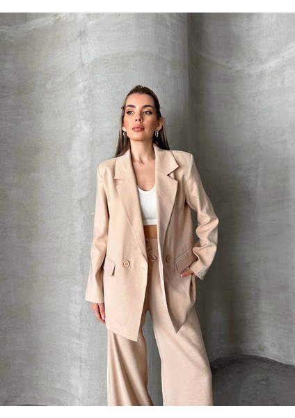 Parlak Keten Kruvaze Ikili Takım Bej