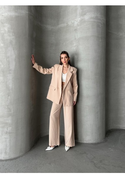 Parlak Keten Kruvaze Ikili Takım Bej