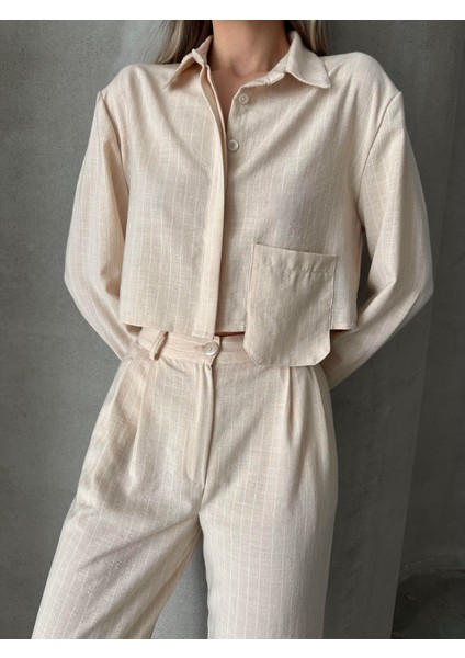 Keten Çizgili Gömlek Pantolon Takım Taş fiyatları