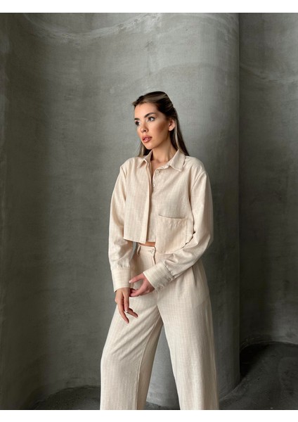 Keten Çizgili Gömlek Pantolon Takım Taş modelleri