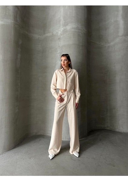 Keten Çizgili Gömlek Pantolon Takım Taş fırsatları