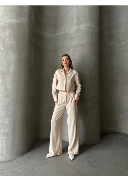 Keten Çizgili Gömlek Pantolon Takım Taş indirimleri