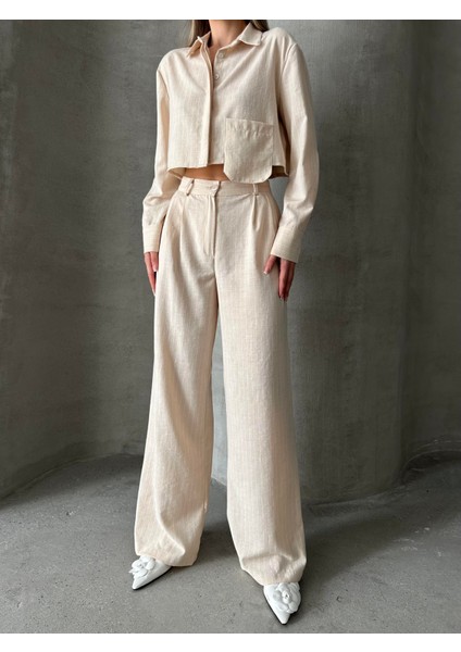 Keten Çizgili Gömlek Pantolon Takım Taş