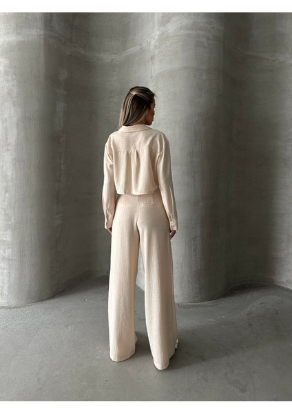 Keten Çizgili Gömlek Pantolon Takım Taş