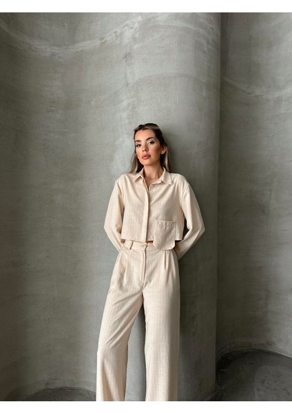 Keten Çizgili Gömlek Pantolon Takım Taş