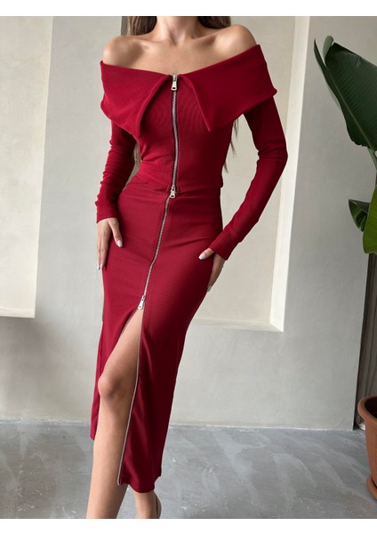 Düşük Yaka Fermuarlı Triko Bluz Bordo fiyatları