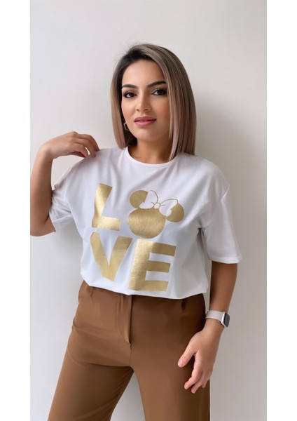 Love Varak Baskılı Tişört Ekru