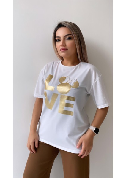 Love Varak Baskılı Tişört Ekru modelleri