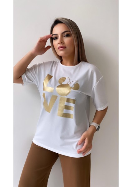 Love Varak Baskılı Tişört Ekru fırsatları