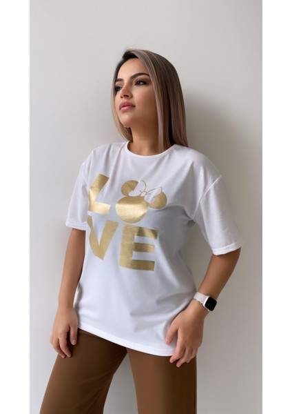 Love Varak Baskılı Tişört Ekru indirimleri