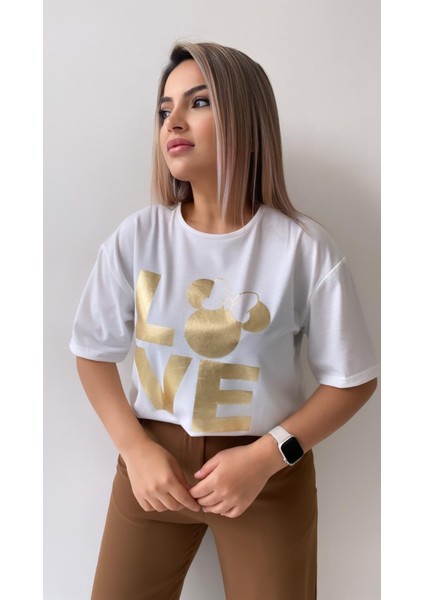 Love Varak Baskılı Tişört Ekru