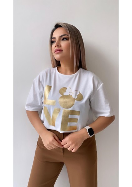 Love Varak Baskılı Tişört Ekru