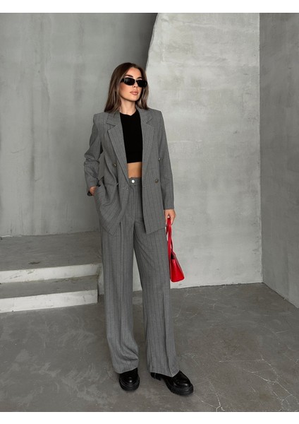 Çizgili Lüks Ceket Pantolon Takım Gri