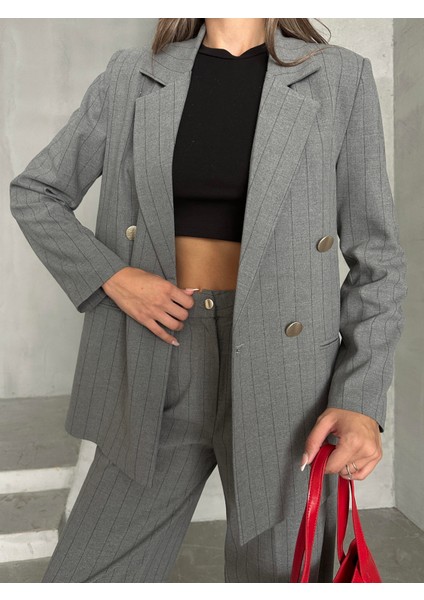 Çizgili Lüks Ceket Pantolon Takım Gri fırsatları