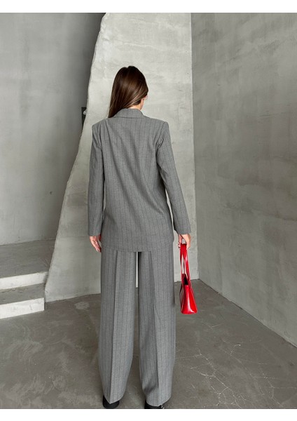Çizgili Lüks Ceket Pantolon Takım Gri indirimleri