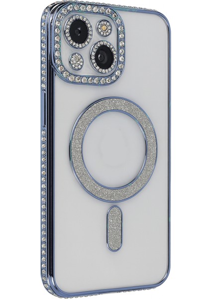 Apple iPhone 13/14 Uyumlu Taşlı Magsafe Şarj Özellikli Kamera Korumalı Simli Kılıf