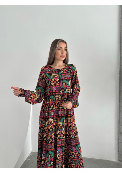 Yakası Düğmeli Çok Renkli Salaş Viskon Elbise Siyah fiyatları