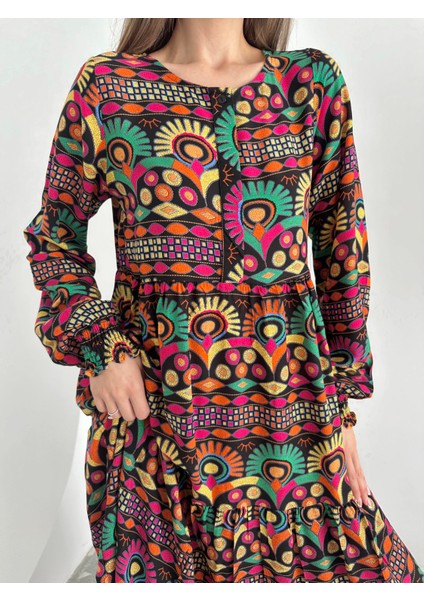 Yakası Düğmeli Çok Renkli Salaş Viskon Elbise Siyah modelleri