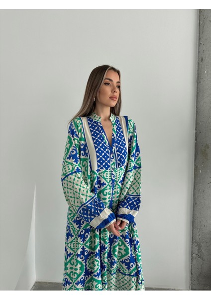 Yakası Düğmeli Çok Renkli Salaş Viskon Elbise Mavi fiyatları