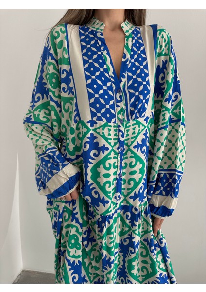 Yakası Düğmeli Çok Renkli Salaş Viskon Elbise Mavi modelleri