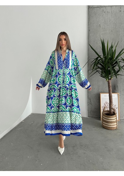 Yakası Düğmeli Çok Renkli Salaş Viskon Elbise Mavi indirimleri