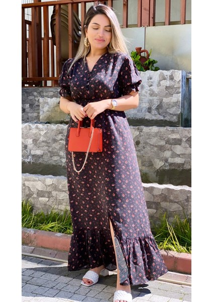 Manolya Yırtmaçlı Viskon Elbise Turuncu Siyah