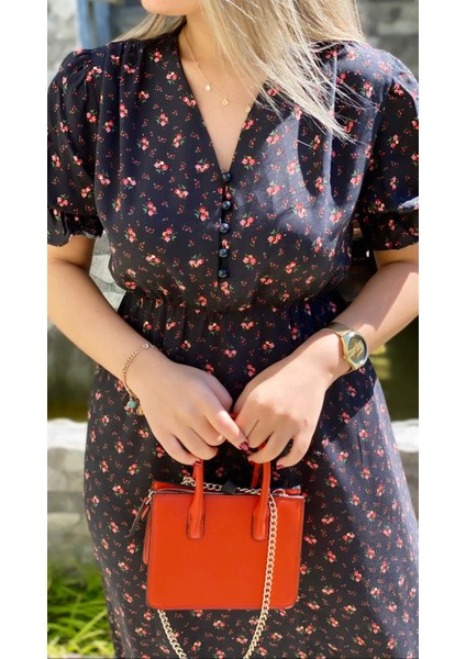 Manolya Yırtmaçlı Viskon Elbise Turuncu Siyah fiyatları