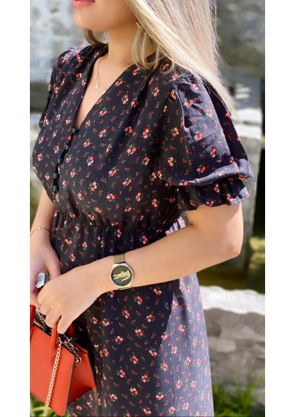 Manolya Yırtmaçlı Viskon Elbise Turuncu Siyah modelleri