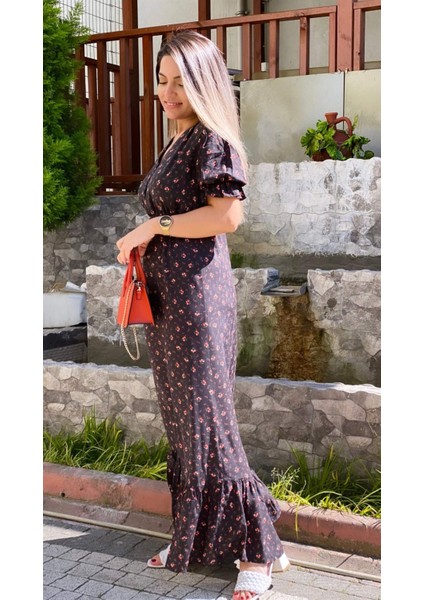 Manolya Yırtmaçlı Viskon Elbise Turuncu Siyah fırsatları