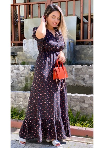 Manolya Yırtmaçlı Viskon Elbise Turuncu Siyah indirimleri