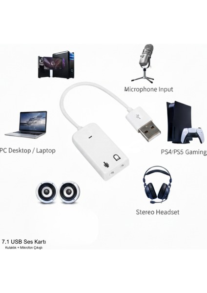 Gabble 7.1 USB Ses Kartı - Mikrofon Kulaklık Adaptörü - Tak Çalıştır Pc/ps4/ps5 Uyumlu