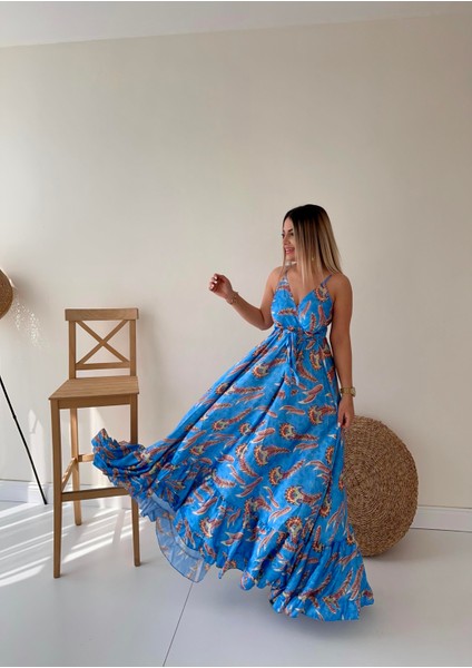 Askılı Eteği Volanlı Saten Elbise Mavi