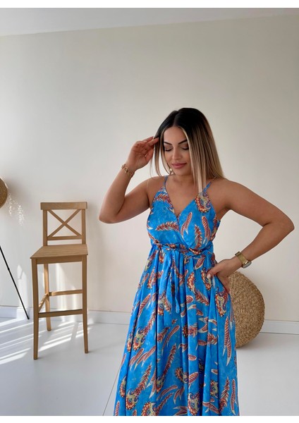 Askılı Eteği Volanlı Saten Elbise Mavi fiyatları