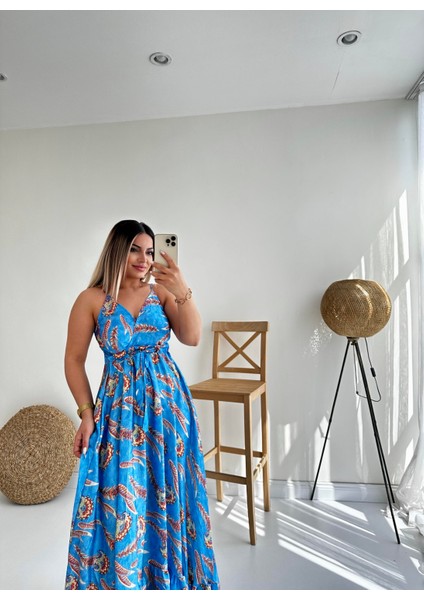Askılı Eteği Volanlı Saten Elbise Mavi modelleri