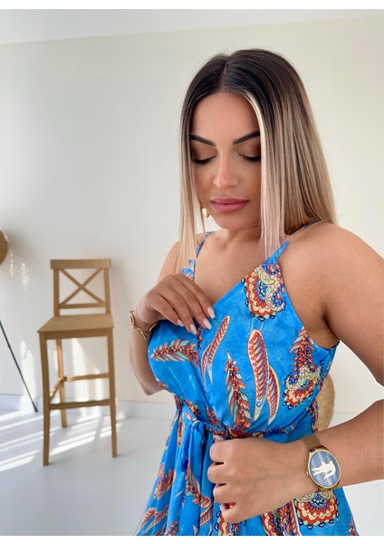 Askılı Eteği Volanlı Saten Elbise Mavi fırsatları