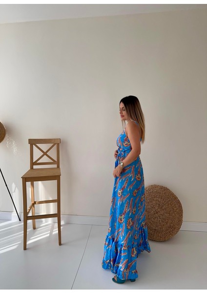 Askılı Eteği Volanlı Saten Elbise Mavi indirimleri