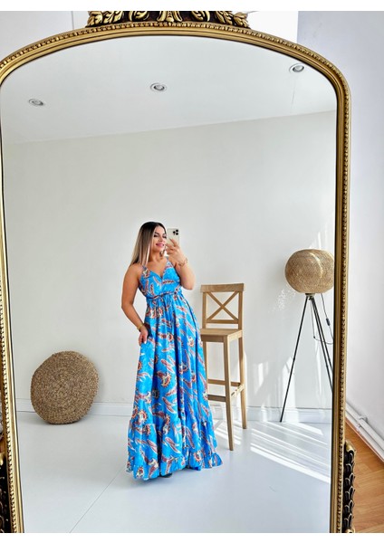 Askılı Eteği Volanlı Saten Elbise Mavi